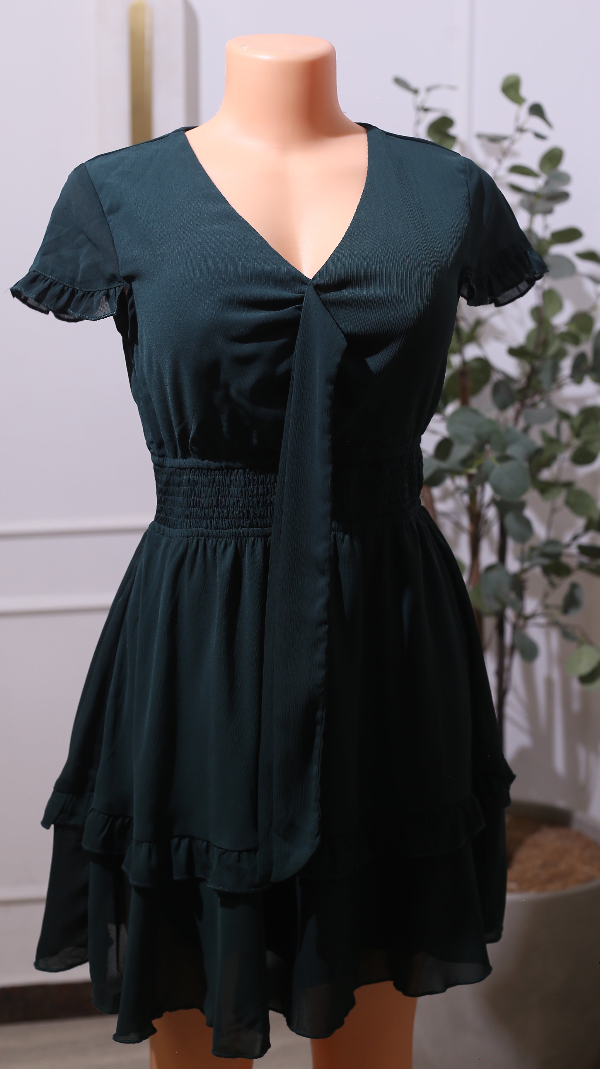 Dark Green Asymmetrical Ruffled Mini Dress