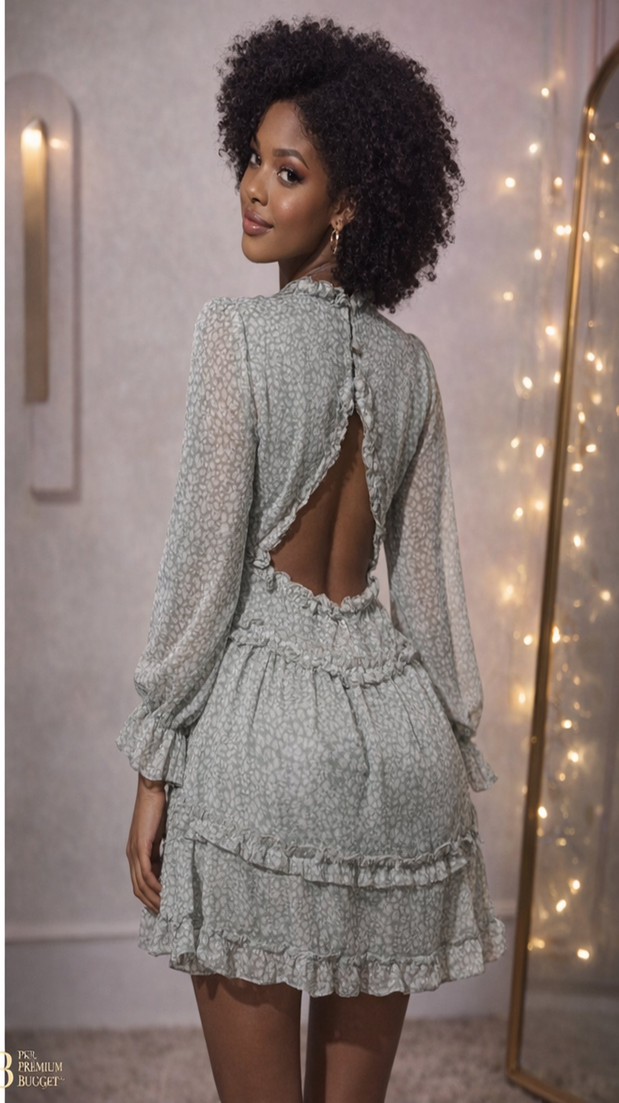 A Green Floral Mini Dress With A V-neck, Long Sleeves, A Shirred Waist, And Ruffled Tiers