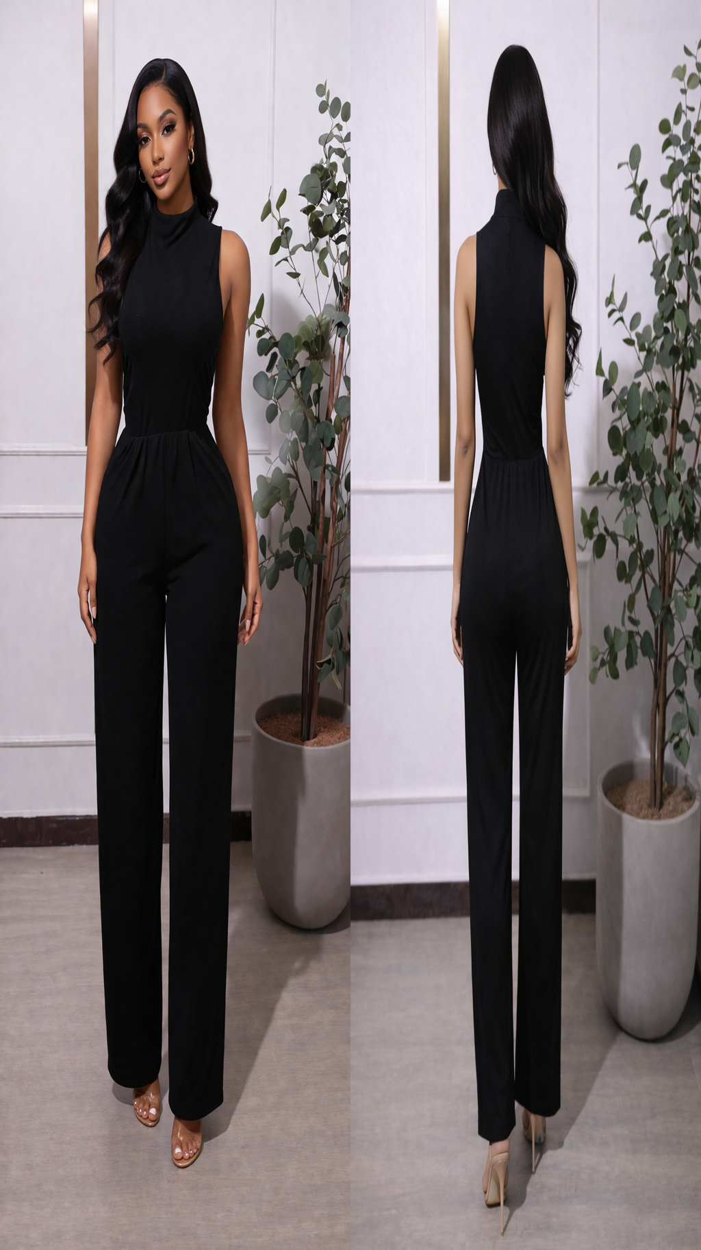 A Black Sleeveless Wide-leg Jumpsuit With A Ruffled Collar And An Elasticated Waist