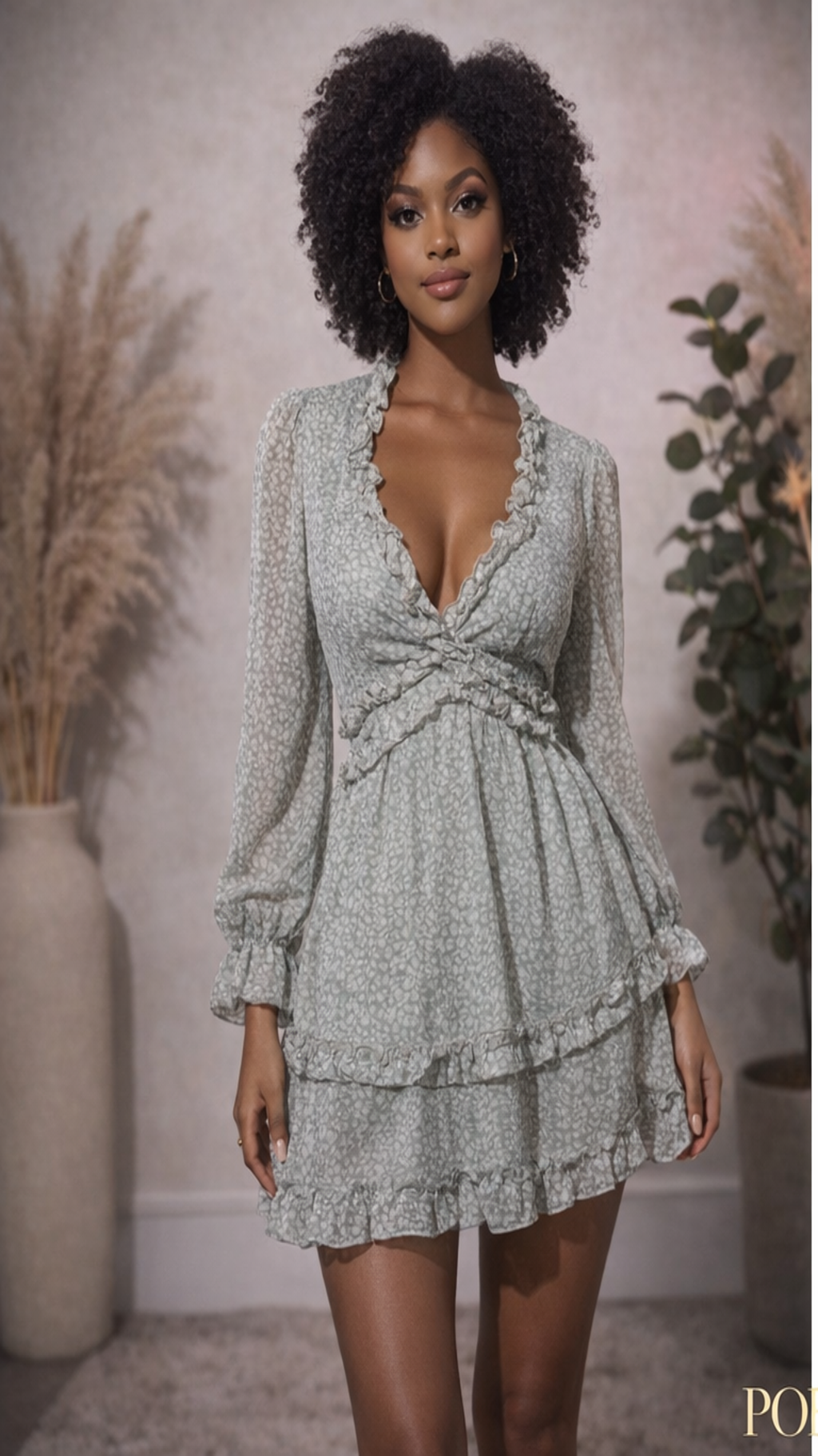 A Green Floral Mini Dress With A V-neck, Long Sleeves, A Shirred Waist, And Ruffled Tiers
