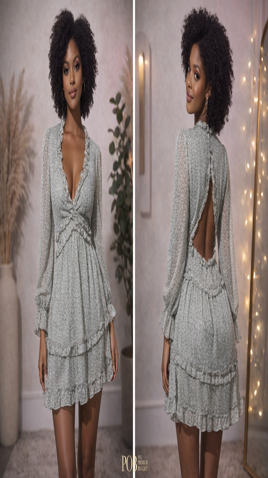 A Green Floral Mini Dress With A V-neck, Long Sleeves, A Shirred Waist, And Ruffled Tiers