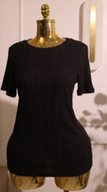 Black Ribbed Short-Sleeve Knit Top (Medium)