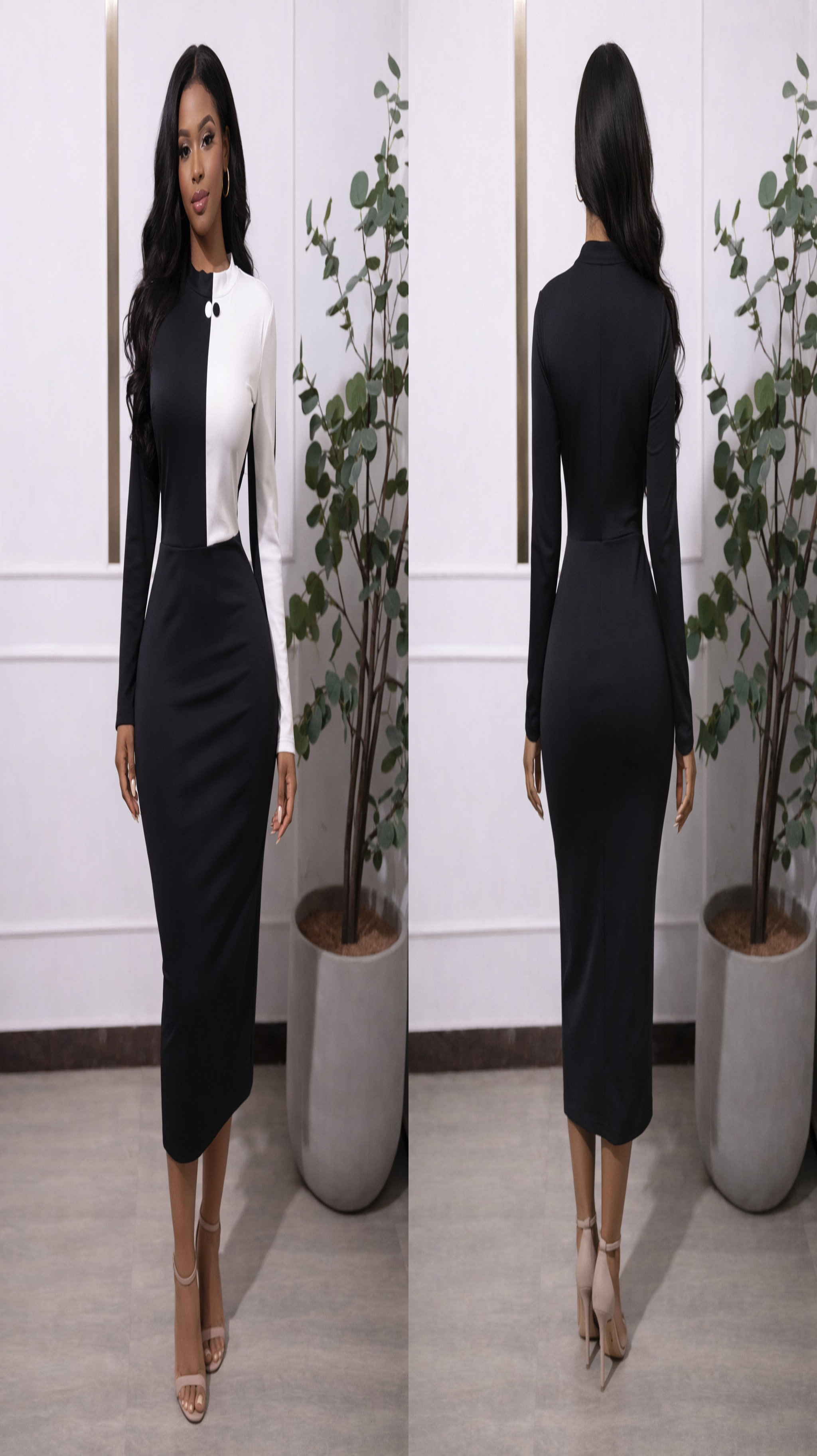 A Black And White Bicolor Bodycon Midi Dress With Long Sleeves
