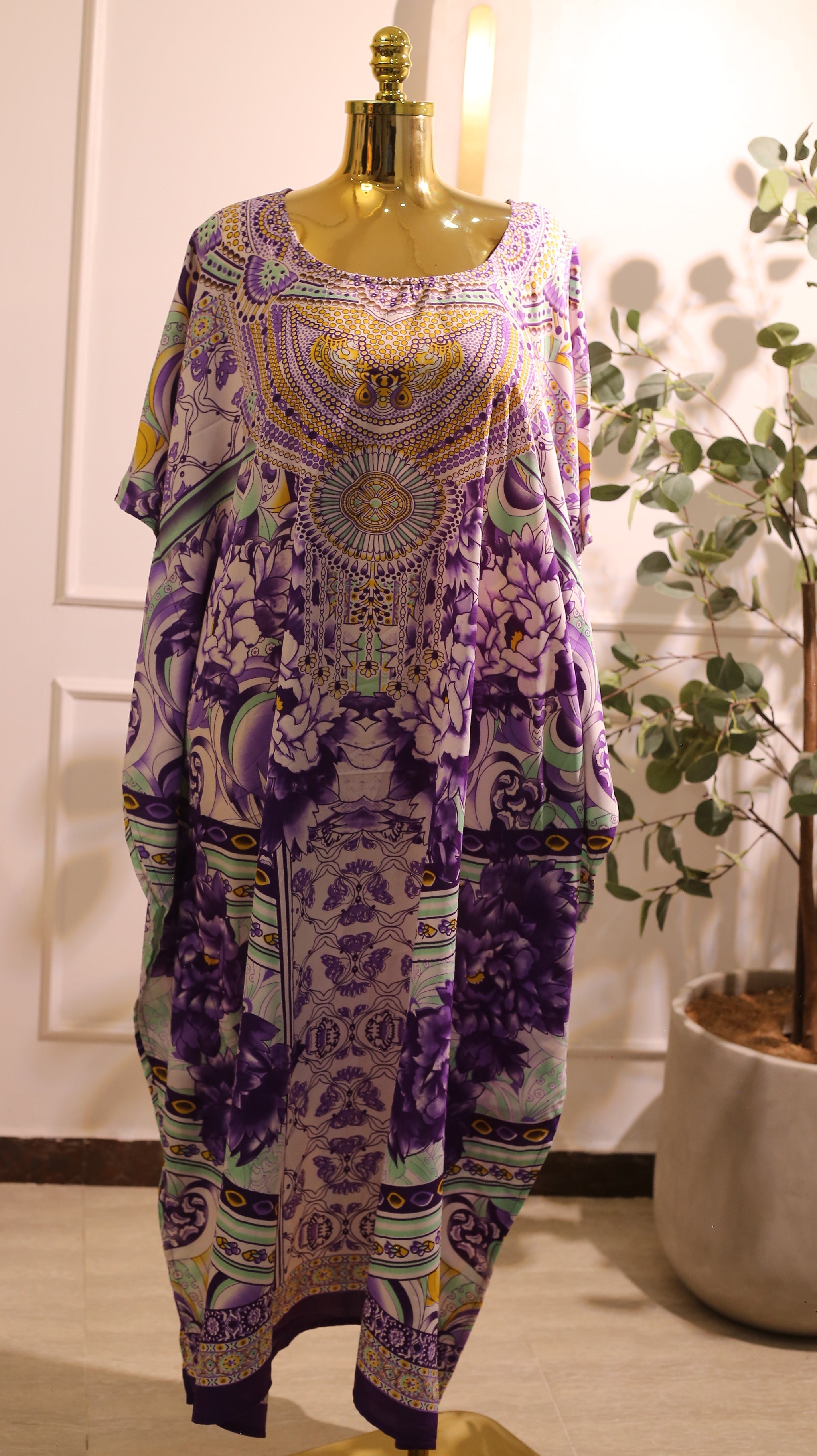 Women'S Short Kaftan Tunic Dress With A Purple And Green Floral And Mandala Print