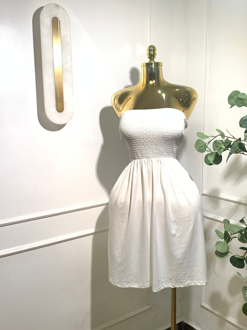 White Strapless Smocked Mini-Dress