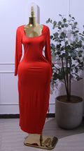 Red Ruched Long-Sleeve Maxi Dress