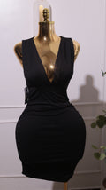 A Black Sleeveless Faux Wrap Ruched Bodycon Cocktail Dress