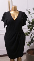 A Black V-neck Bodycon Wrap Dress With Short Ruffle Sleeves
