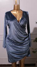 A Blue Velvet Wrap V-neck Long-sleeve Ruched Bodycon Dress