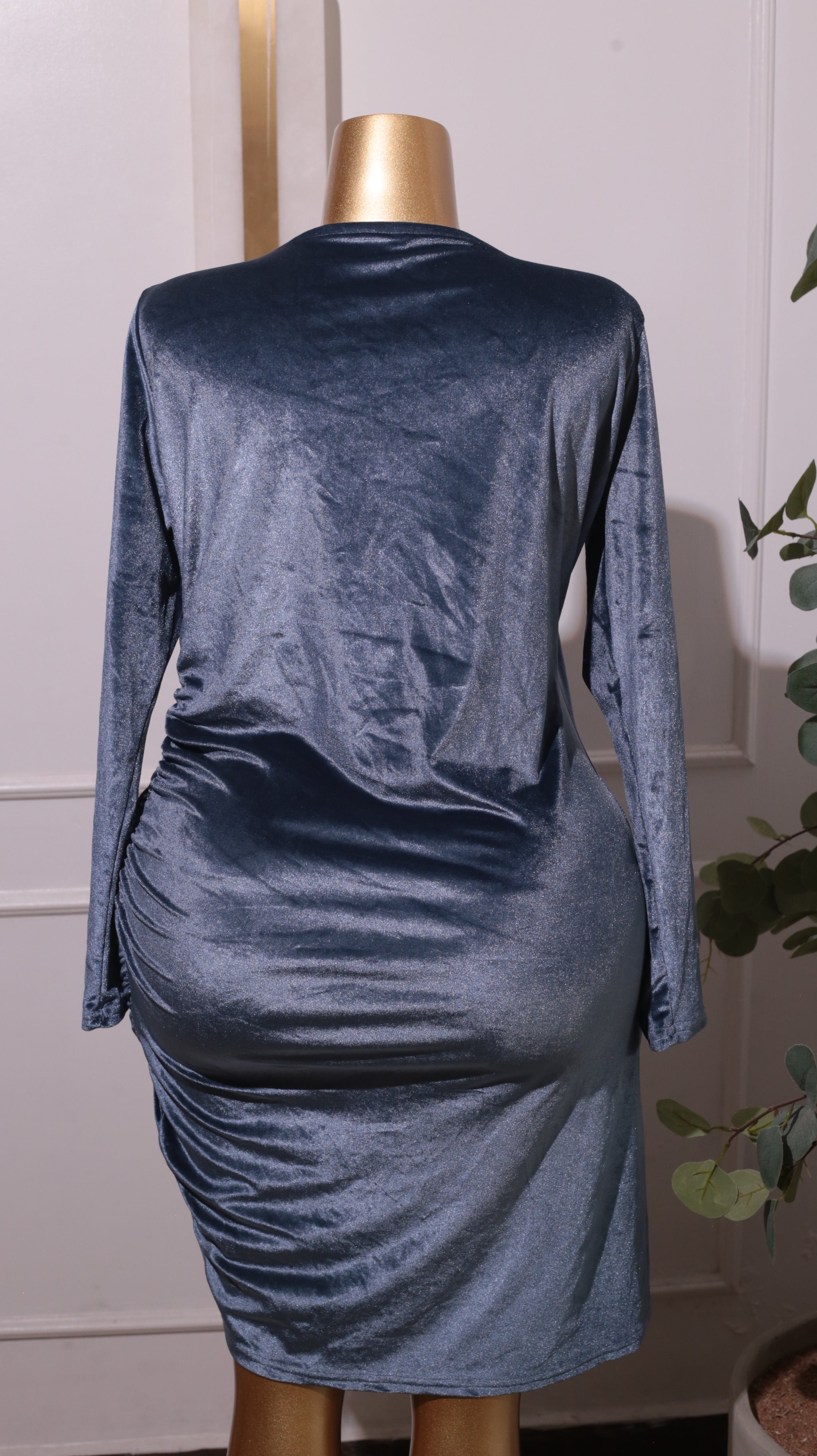 A Blue Velvet Wrap V-neck Long-sleeve Ruched Bodycon Dress
