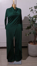 A Dark Green Long-sleeve, Wide-leg Jumpsuit With A Wrap-front Detail