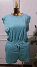 A Light Blue Short-sleeved Romper With A Drawstring Waist