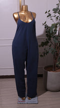 A Navy Blue Women's Spaghetti Jumpsuit With Pockets