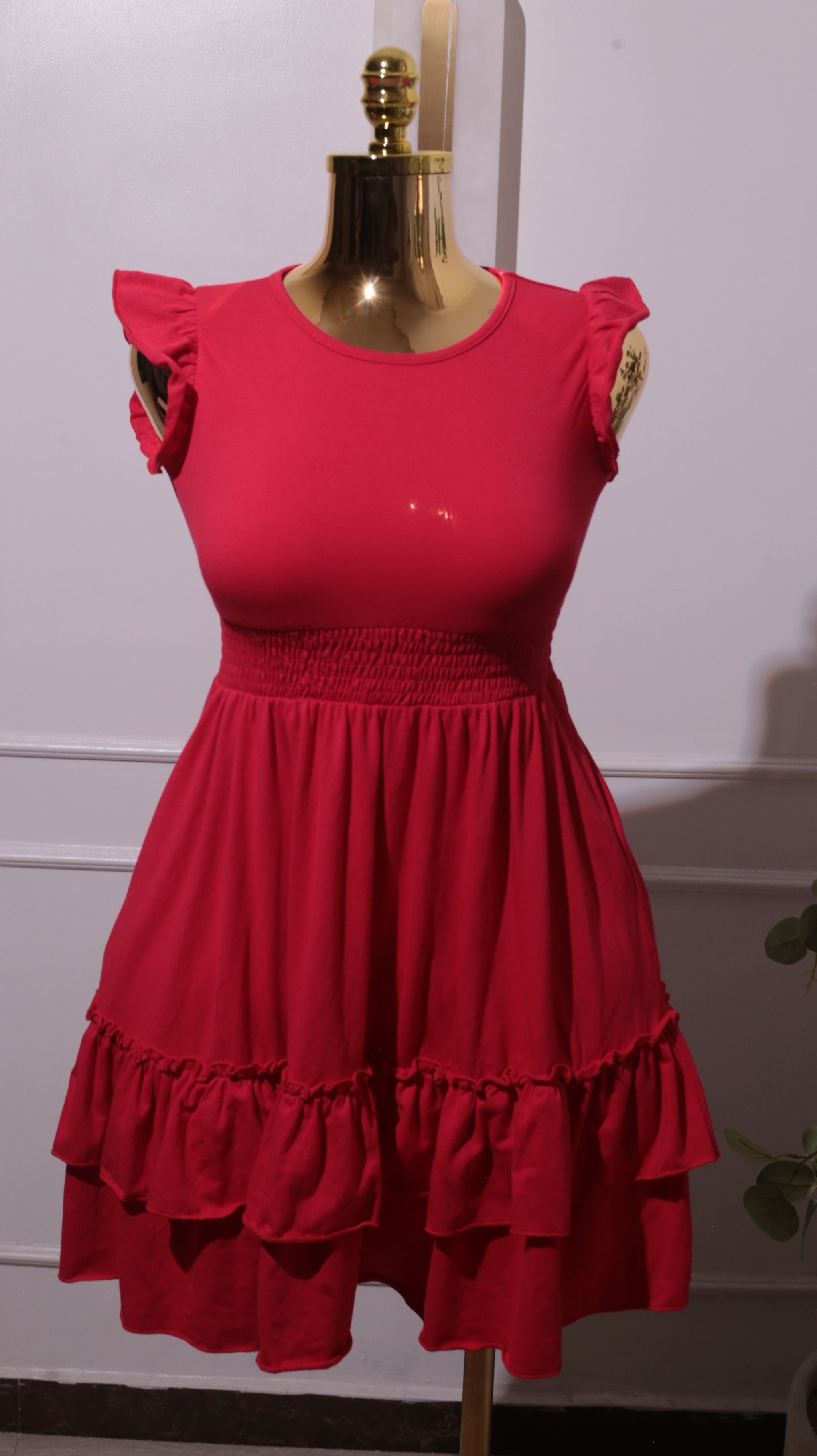 A Red Flutter Sleeve Mini Dress With A Tiered Ruffle Hem And Elasticated Waist