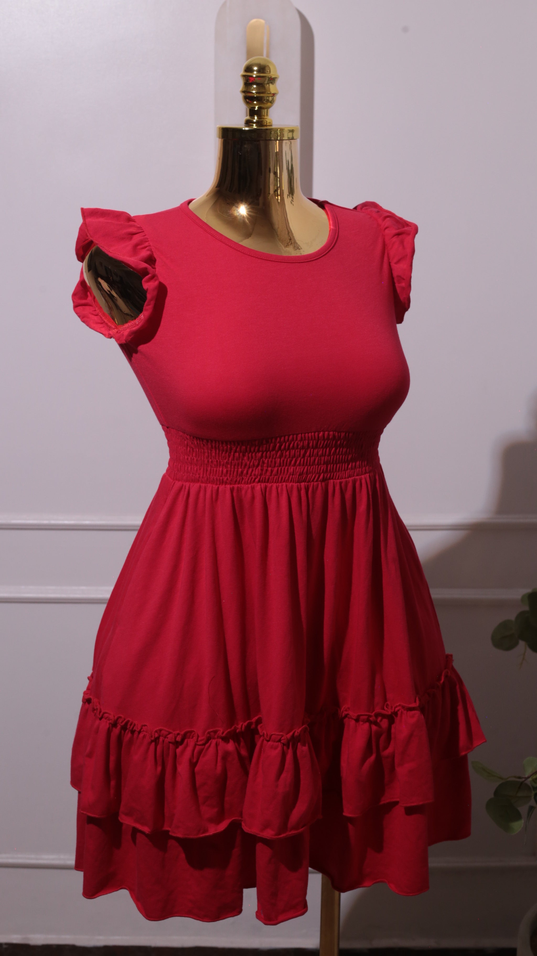 A Red Flutter Sleeve Mini Dress With A Tiered Ruffle Hem And Elasticated Waist