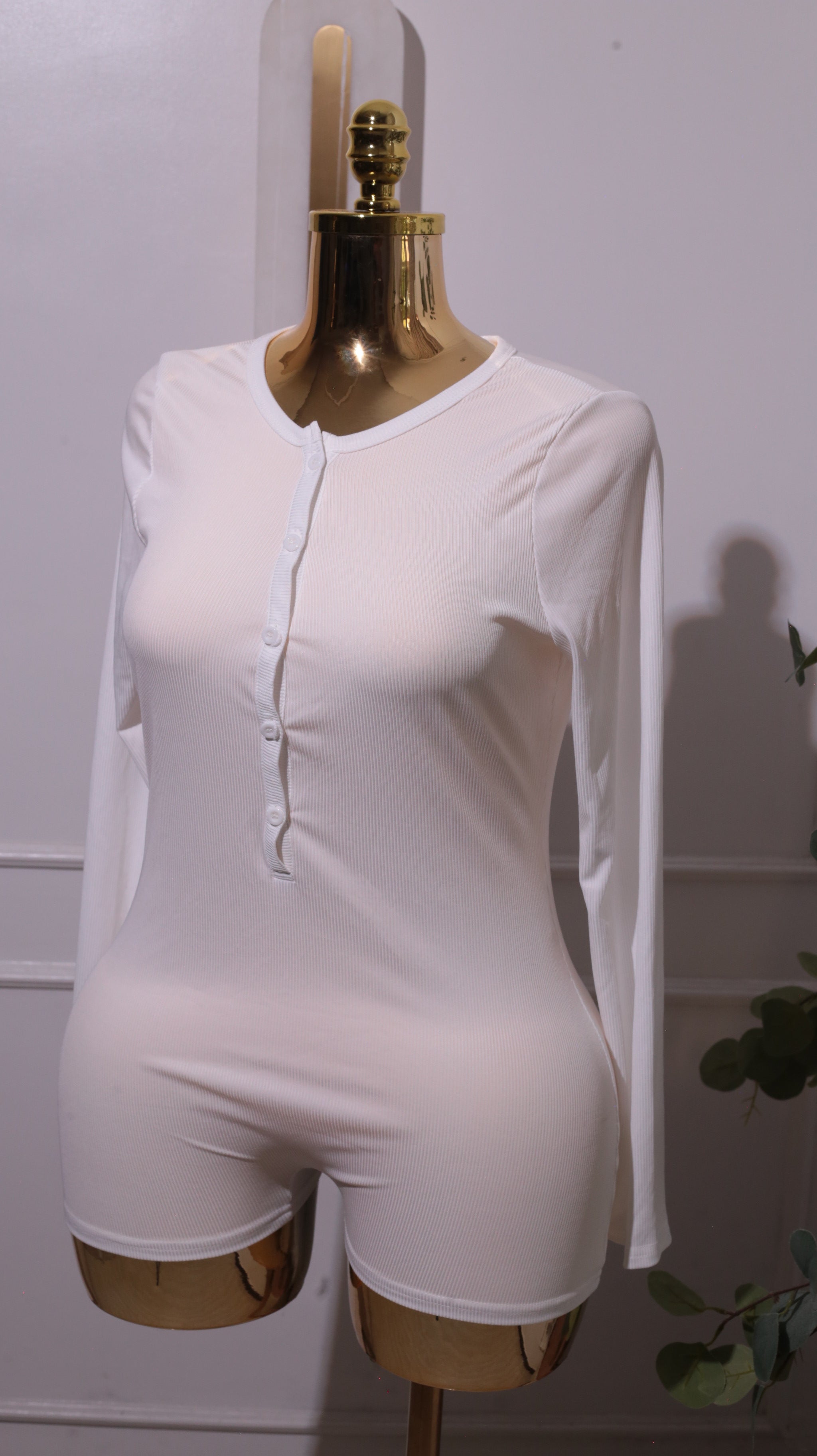 A White Ribbed Long-sleeve Button-down Romper