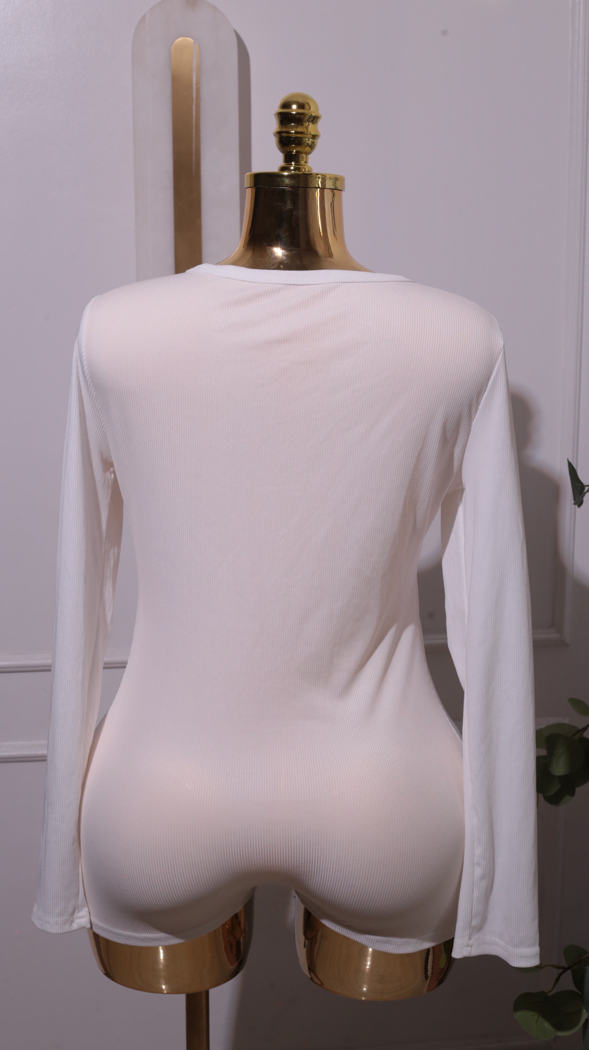 A White Ribbed Long-sleeve Button-down Romper