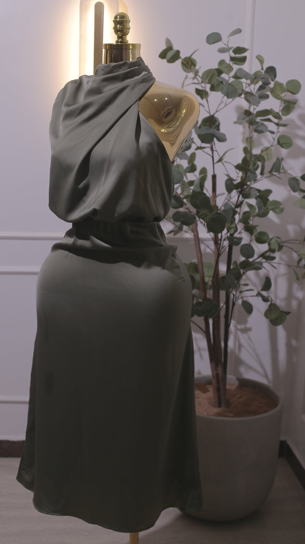 Army Green Satin Mock Neck Maxi Dress