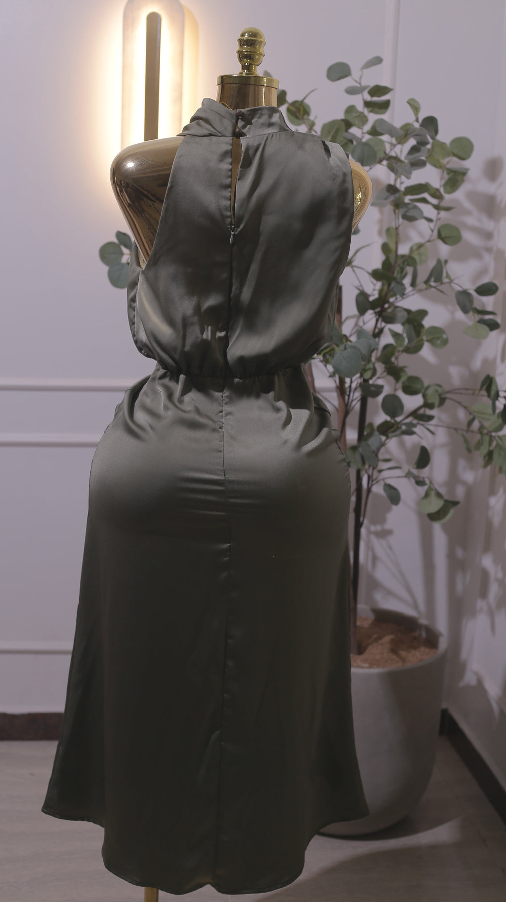 Army Green Satin Mock Neck Maxi Dress