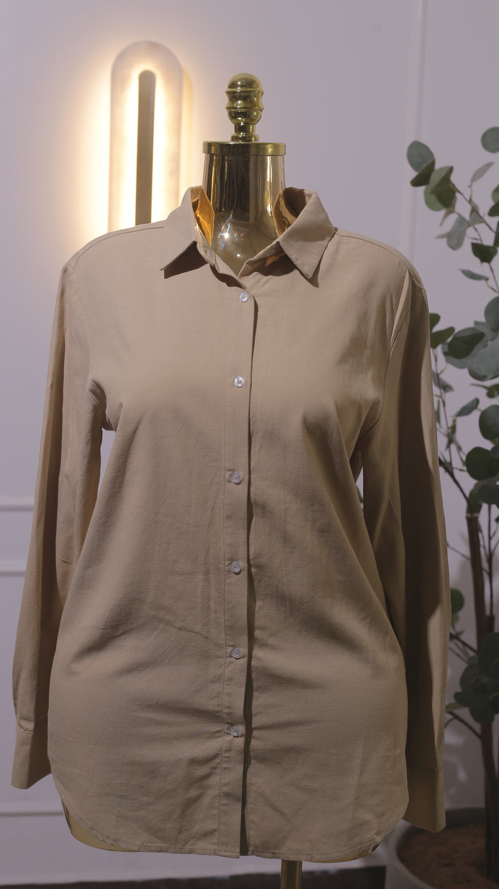 Beige Cotton Button-Up Shirt