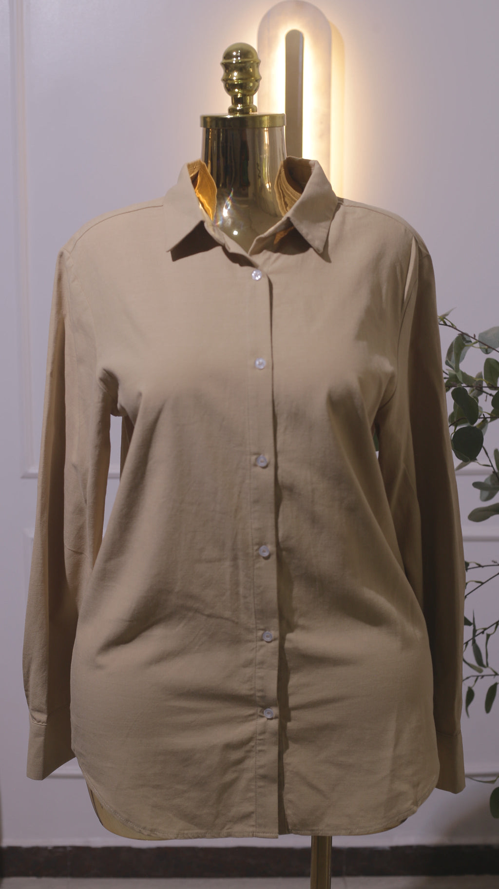 Beige Cotton Button-Up Shirt