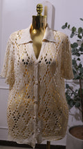 Beige Crochet Knit Short-sleeve Cardigan With A Shirt Collar And Front Button Closure