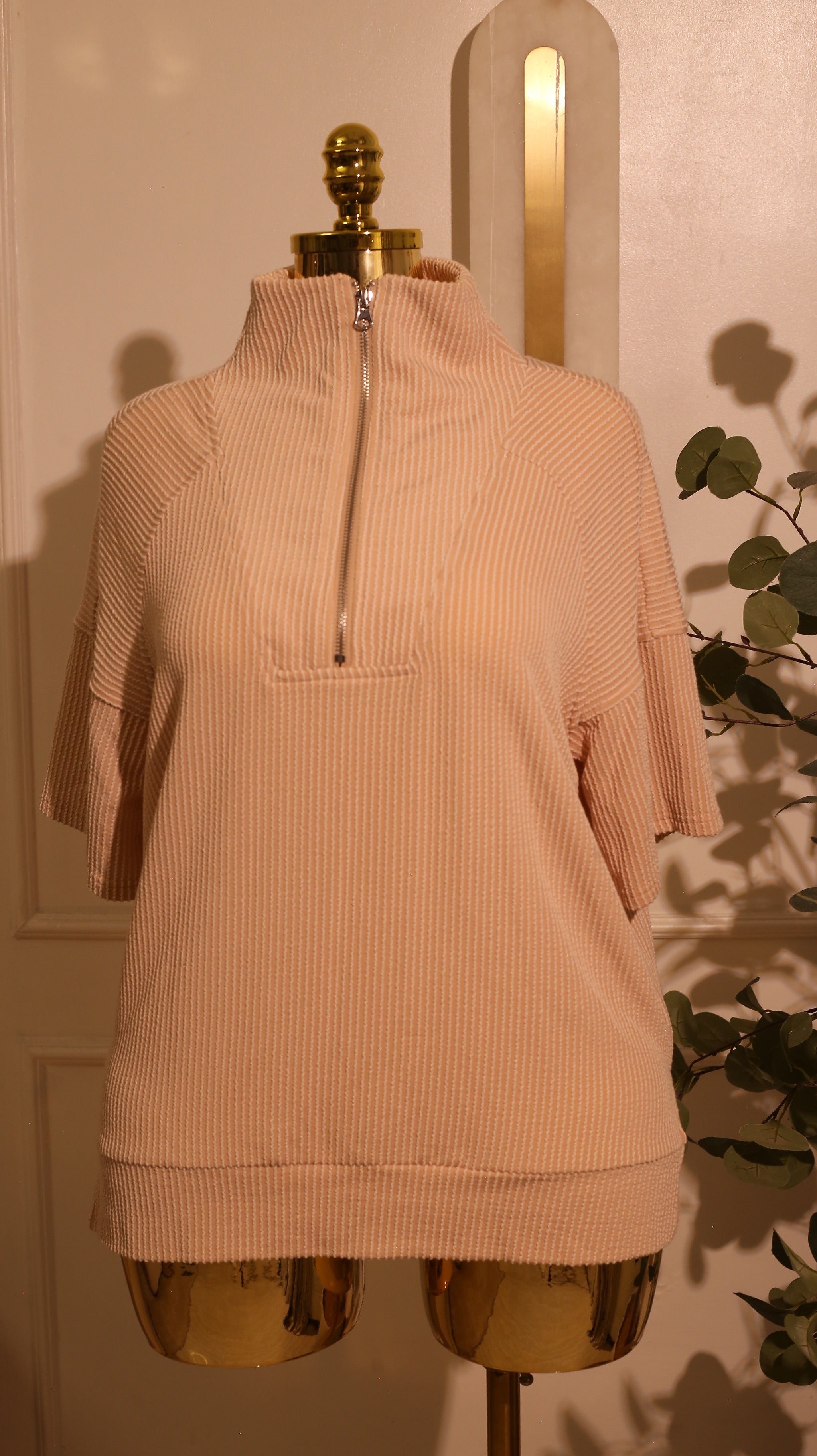 Beige Heavy Wool Ribbed Half-Zip Sweater – Medium