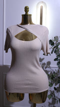 Beige Rib-Knit High-Neck Short-Sleeve Top
