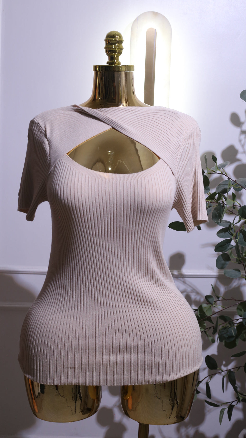 Beige Rib-Knit High-Neck Short-Sleeve Top