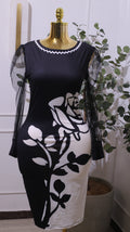 Black And White Bodycon Dress With A Floral Design And Sheer Sleeves