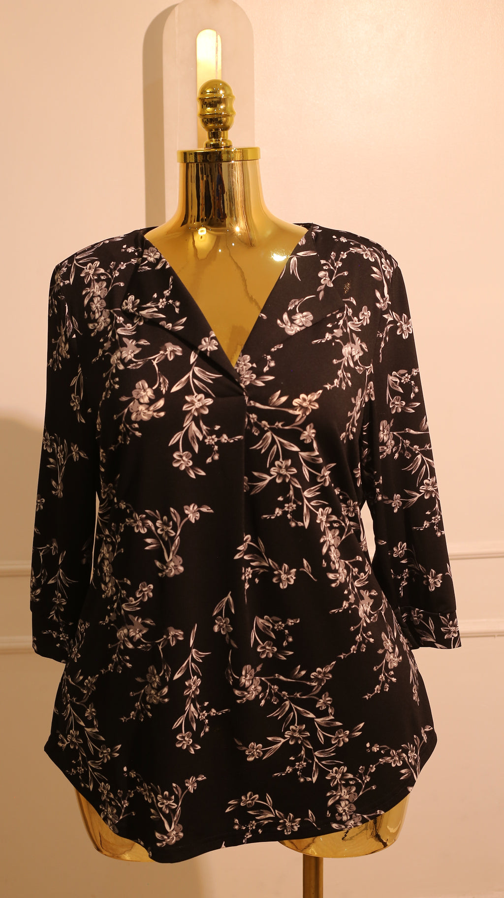 Black And White Floral Print Long-Sleeve V-Neck Blouse, Possibly From The Brand Halogen