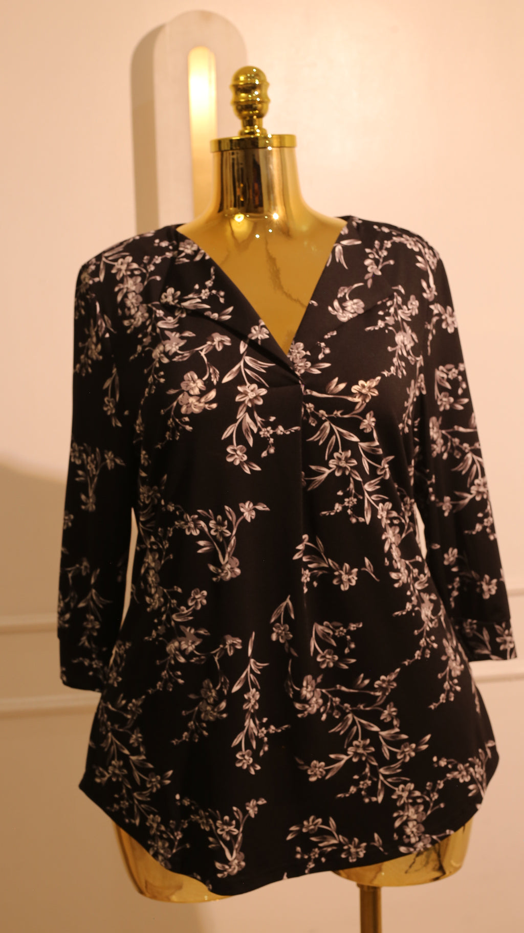 Black And White Floral Print Long-Sleeve V-Neck Blouse, Possibly From The Brand Halogen