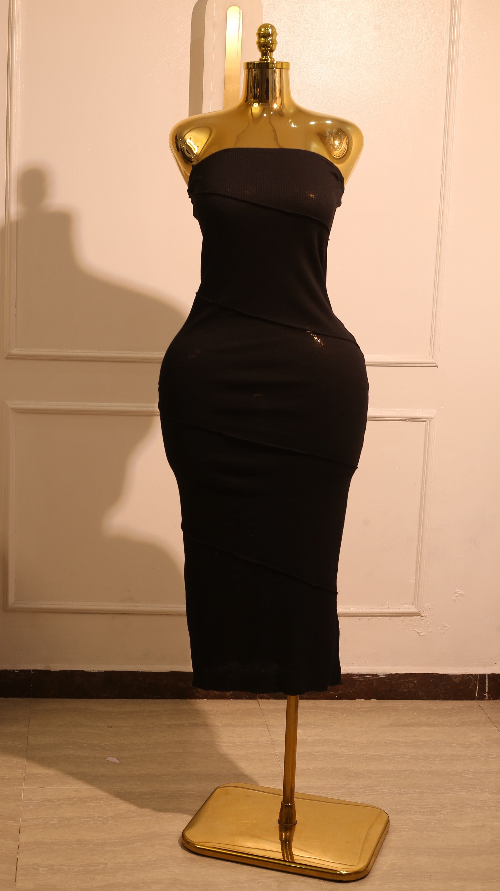 Black Knit Midi Dress with Blue Stitching