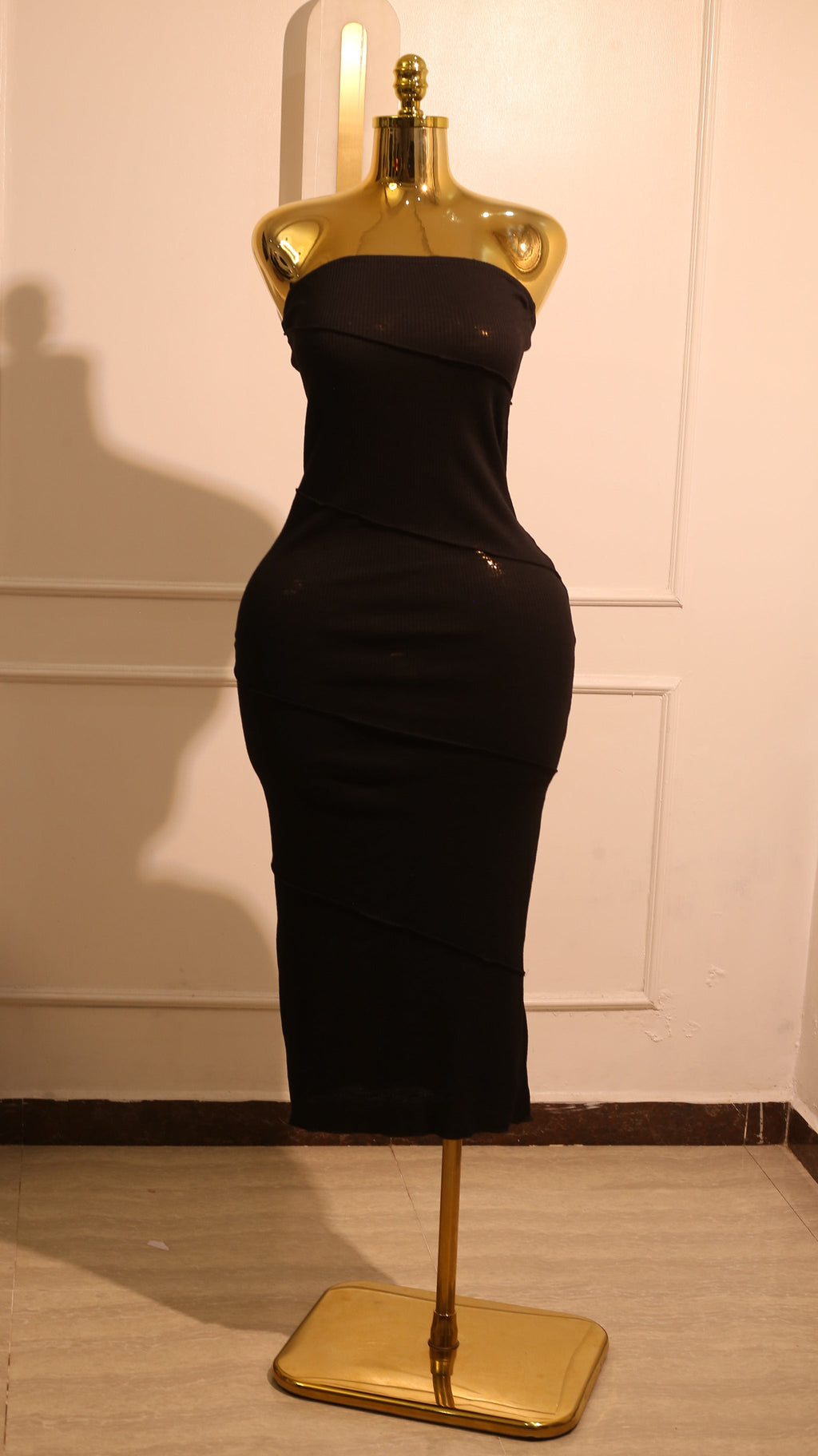 Black Knit Midi Dress with Blue Stitching