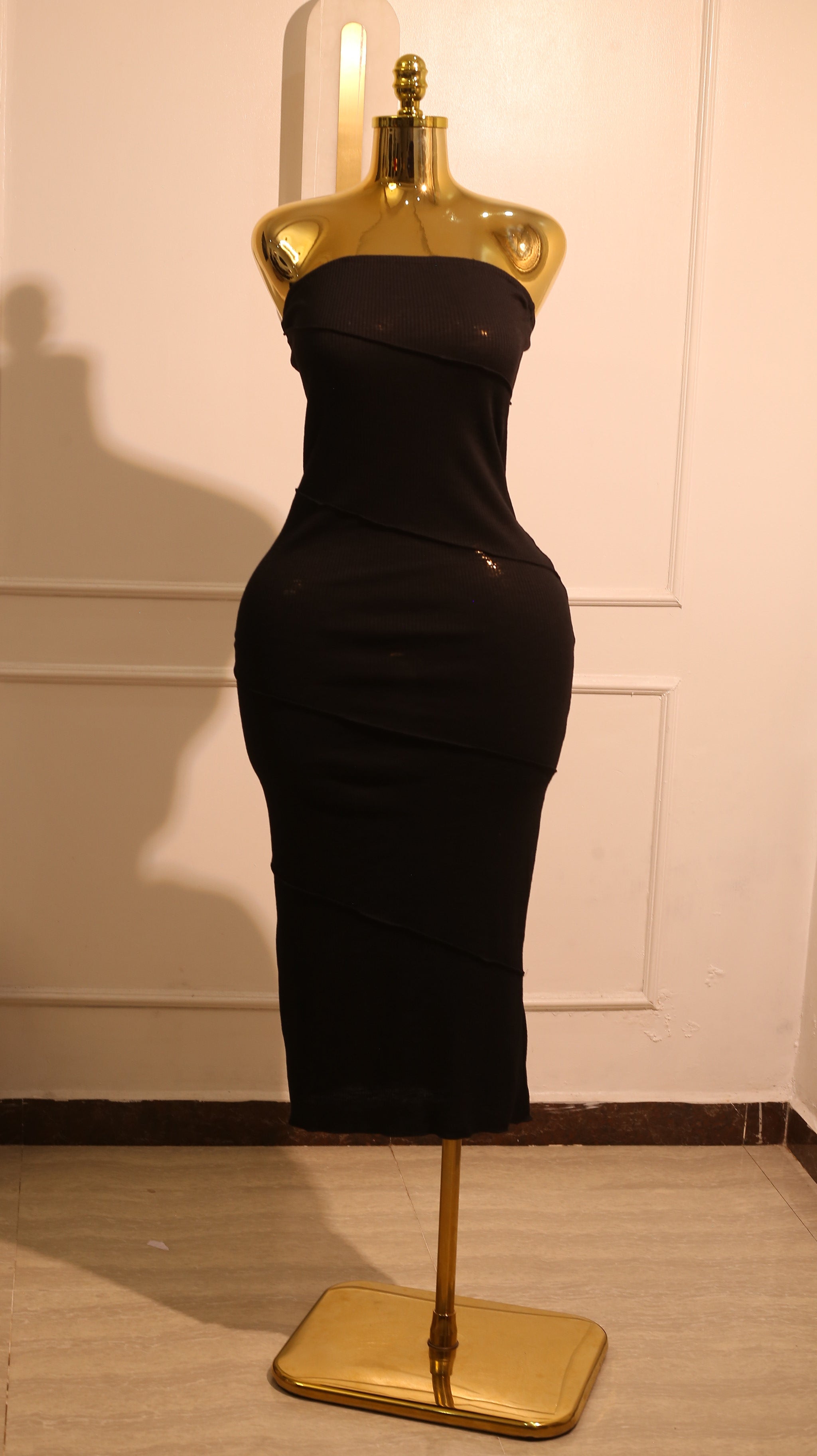 Black Knit Midi Dress with Blue Stitching