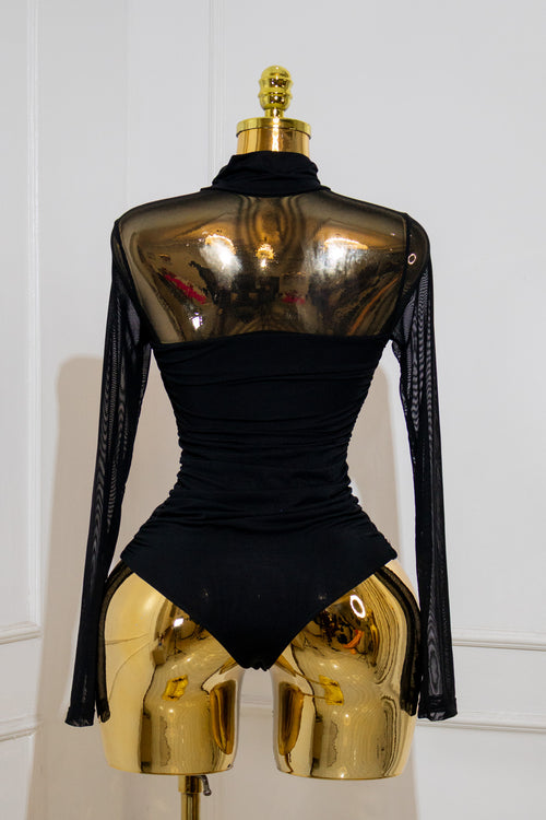 Black Draped High-Neck Bodysuit