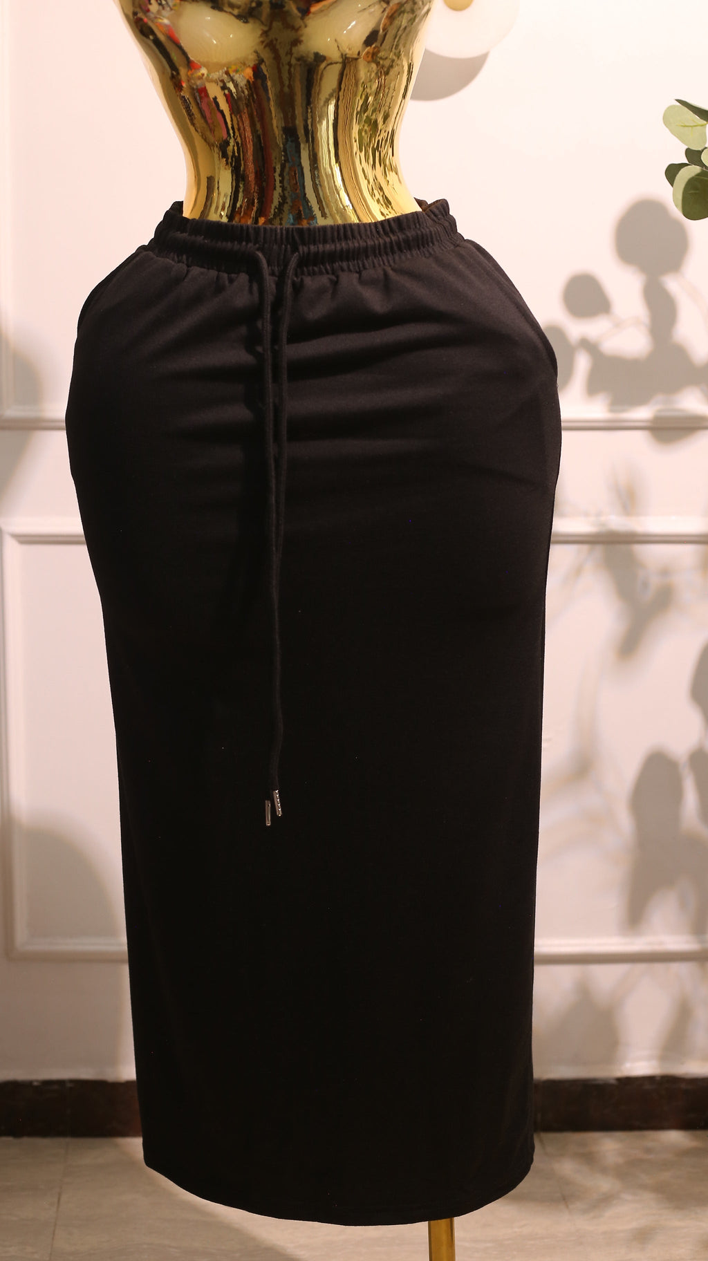 Black Drawstring Midi Skirt