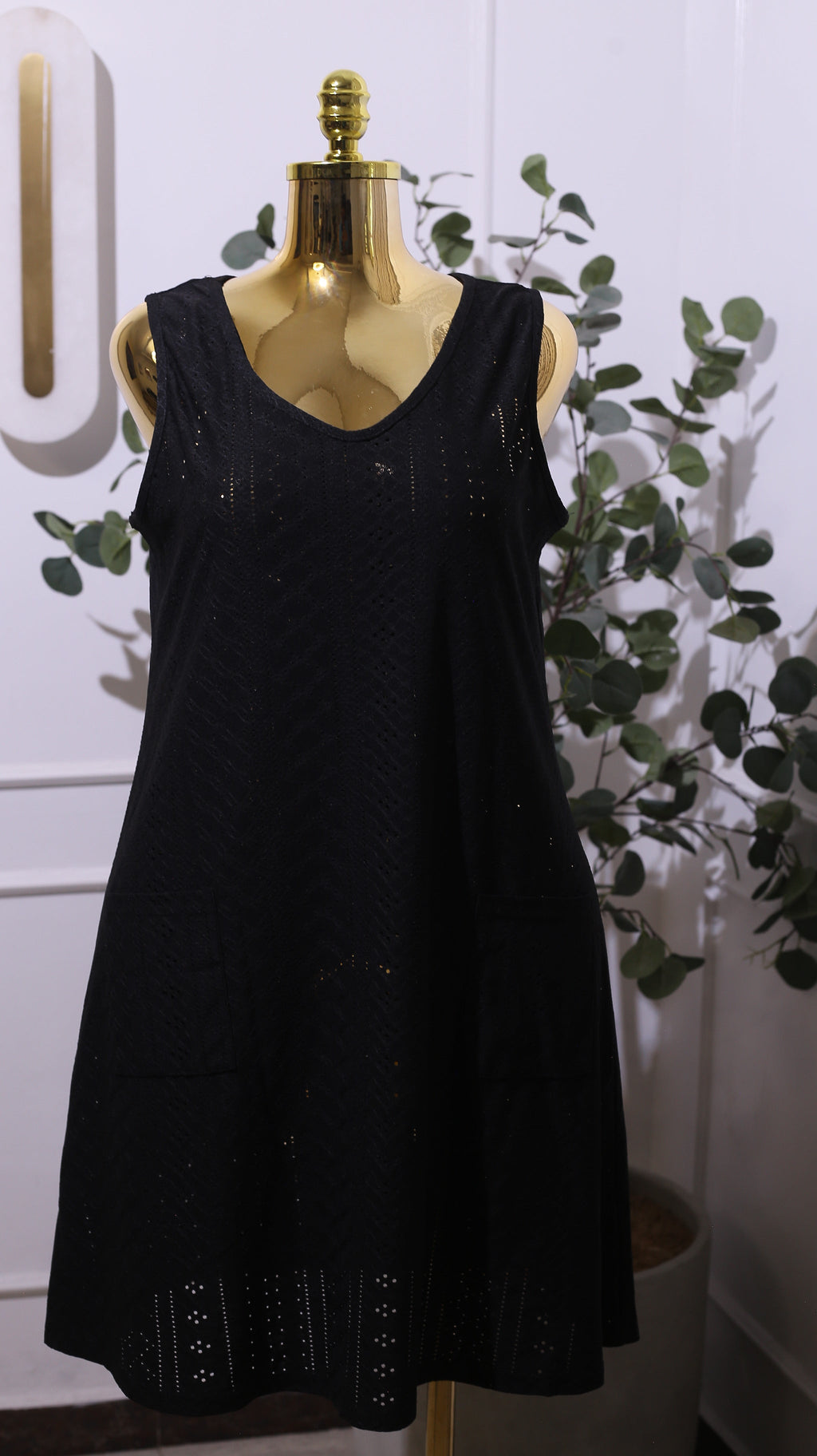 Black Eyelet Sleeveless V-NECK A-line Casual Dress