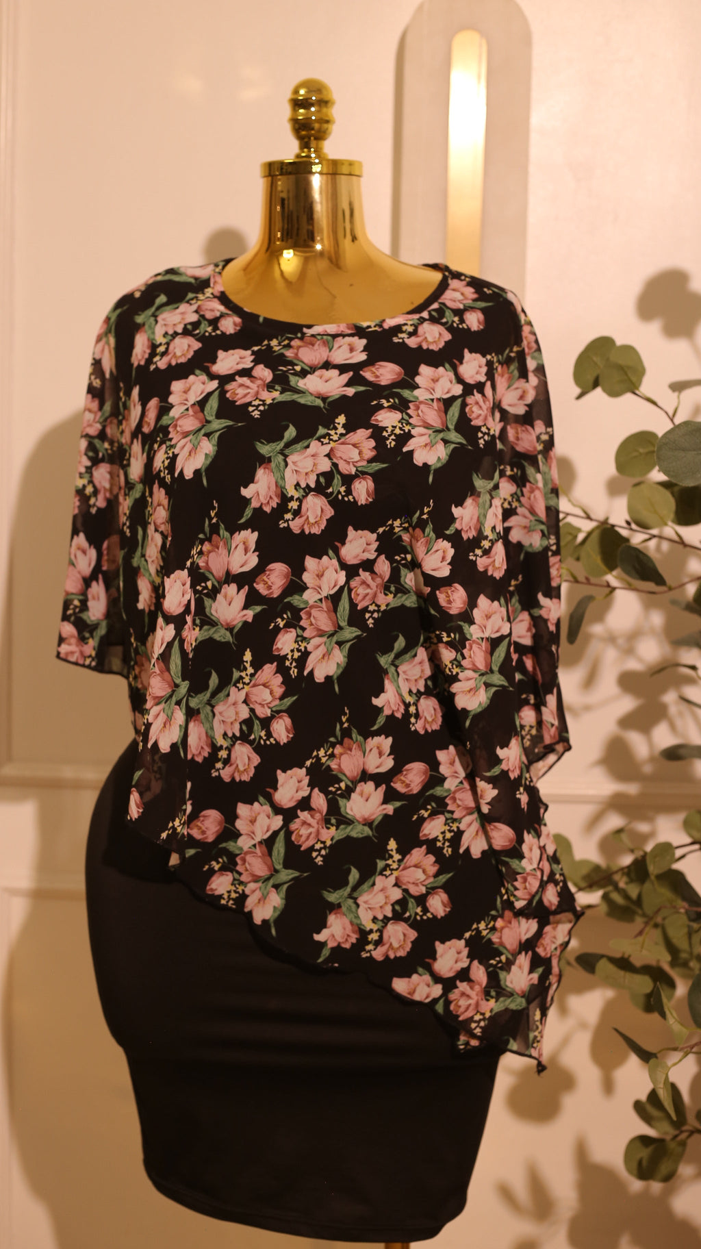 Black Floral Print Midi Dress (Small)