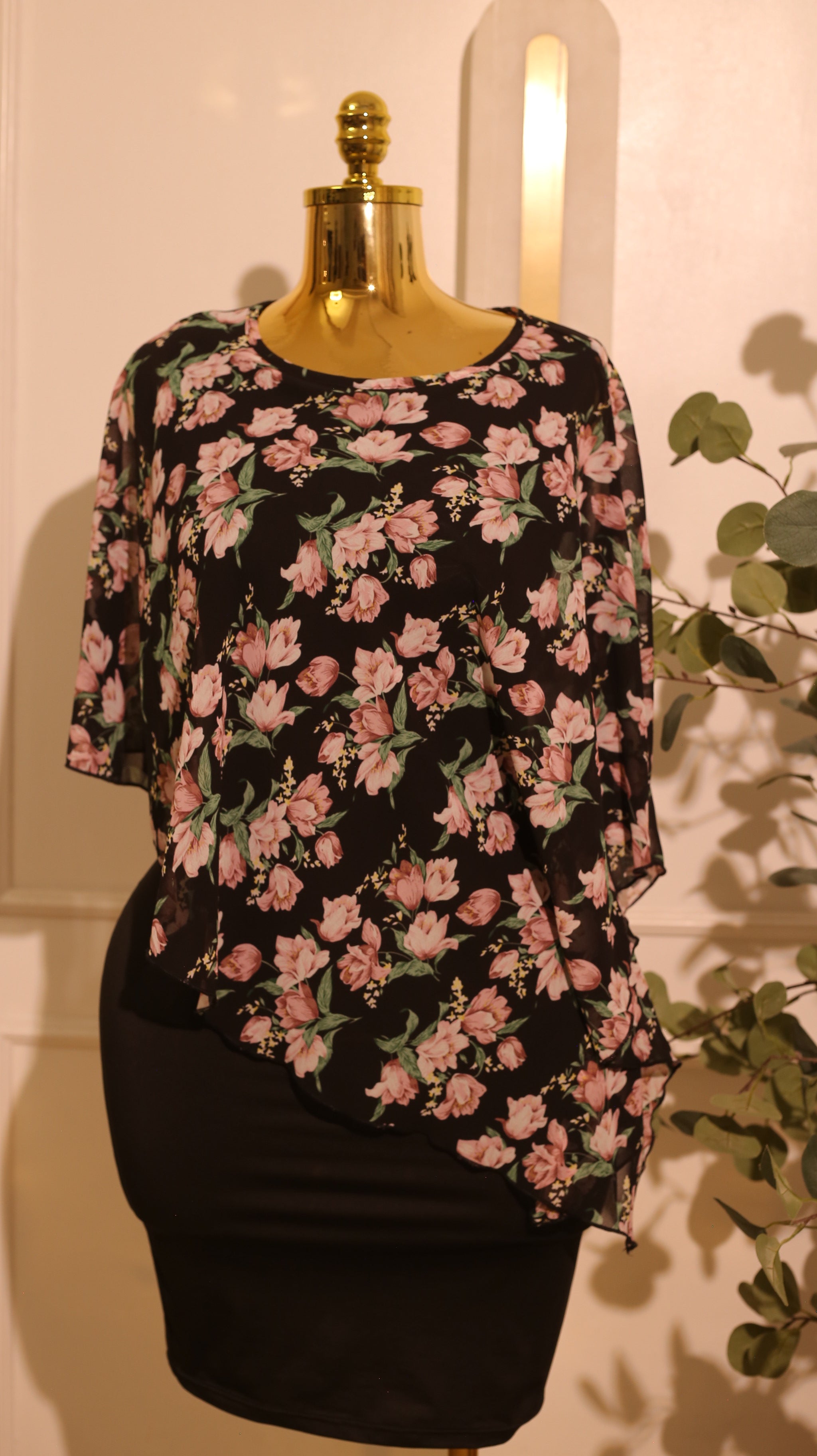 Black Floral Print Midi Dress (Small)