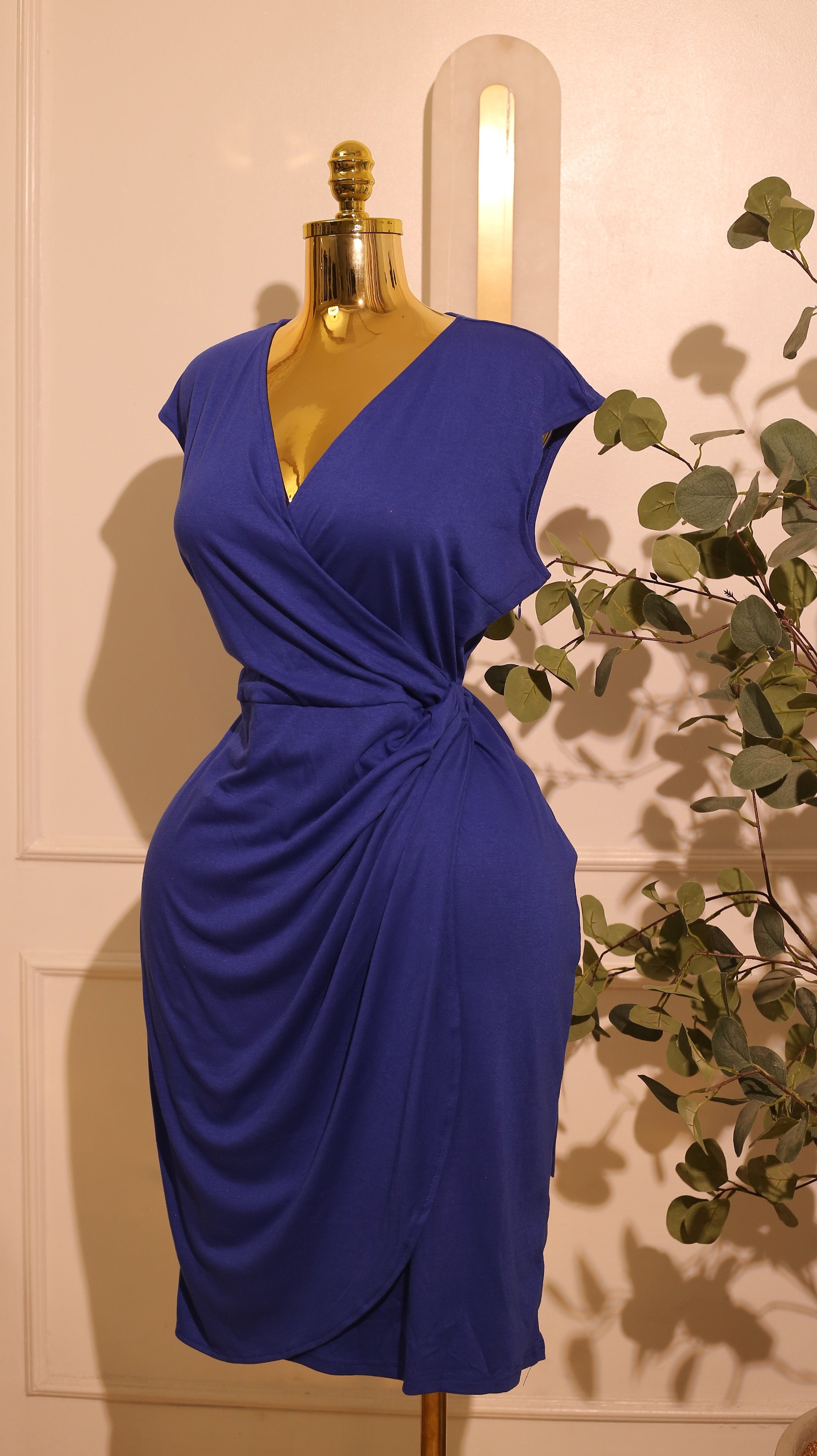 Blue V-Neck Faux Wrap Midi Dress (XL)