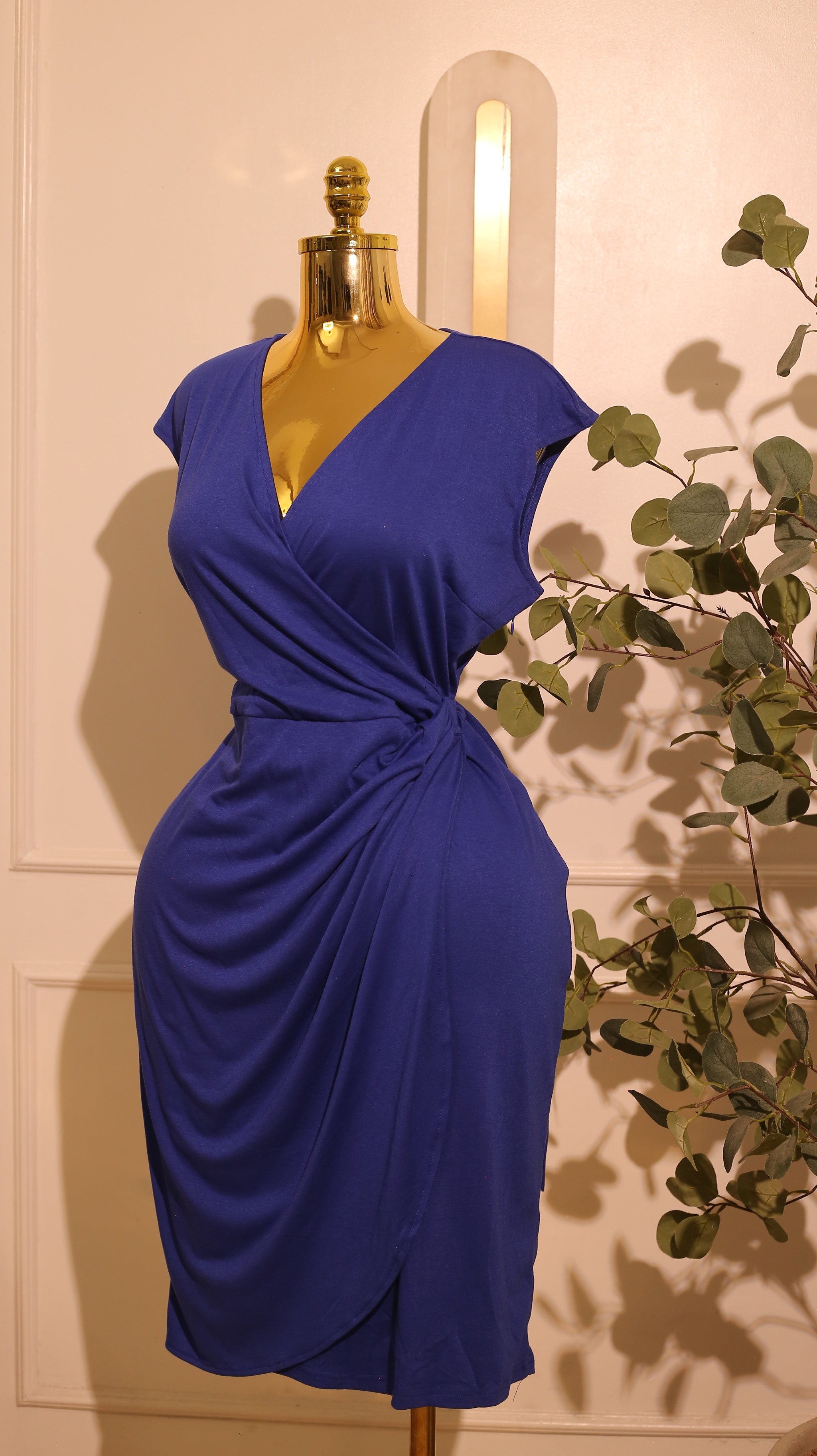 Blue V-Neck Faux Wrap Midi Dress (XL)