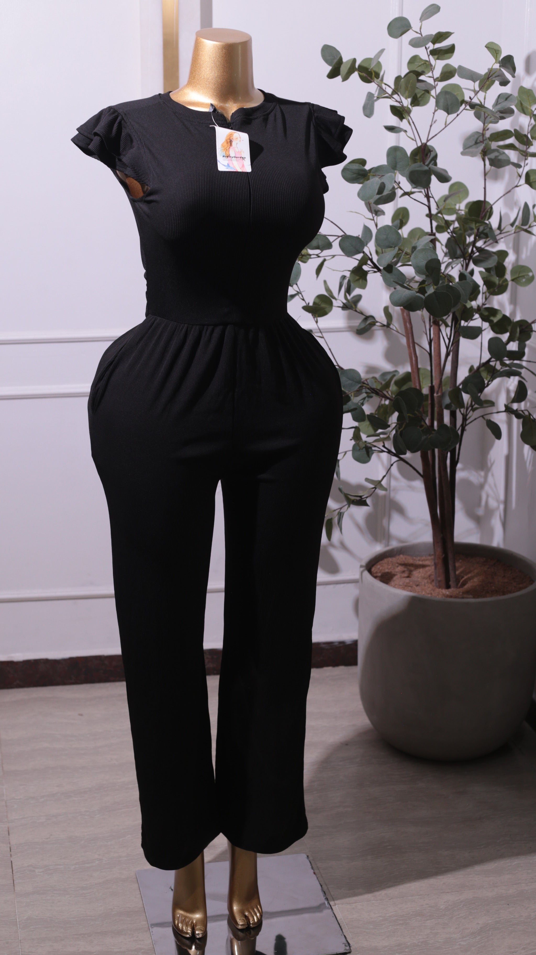 Black Flutter-Sleeve Wide-Leg Jumpsuit