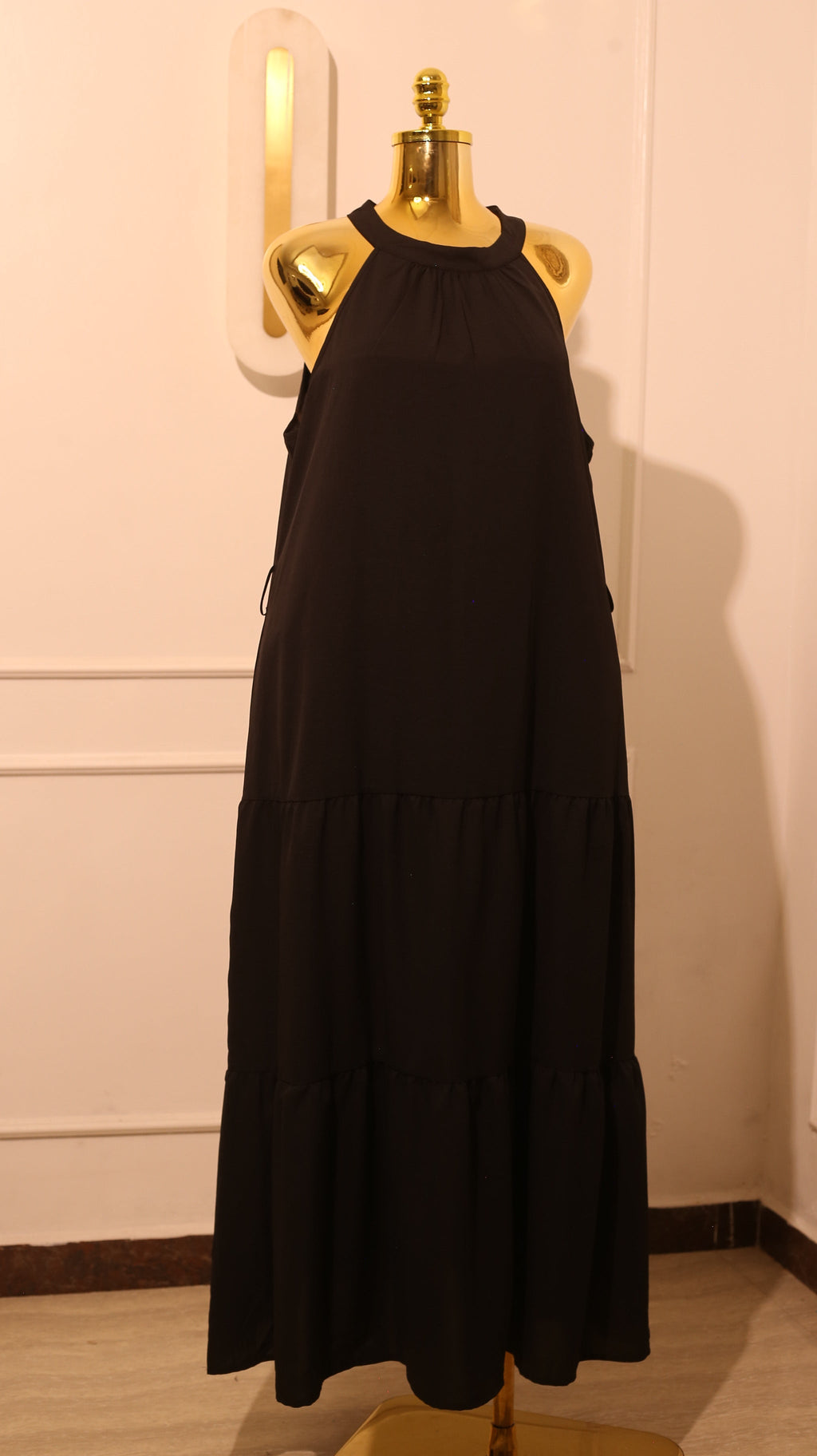 Black Halter-Neck Tiered Smock Dress