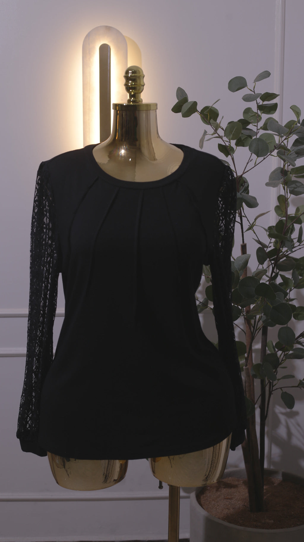 Black Lace Sleeve Pleated Top