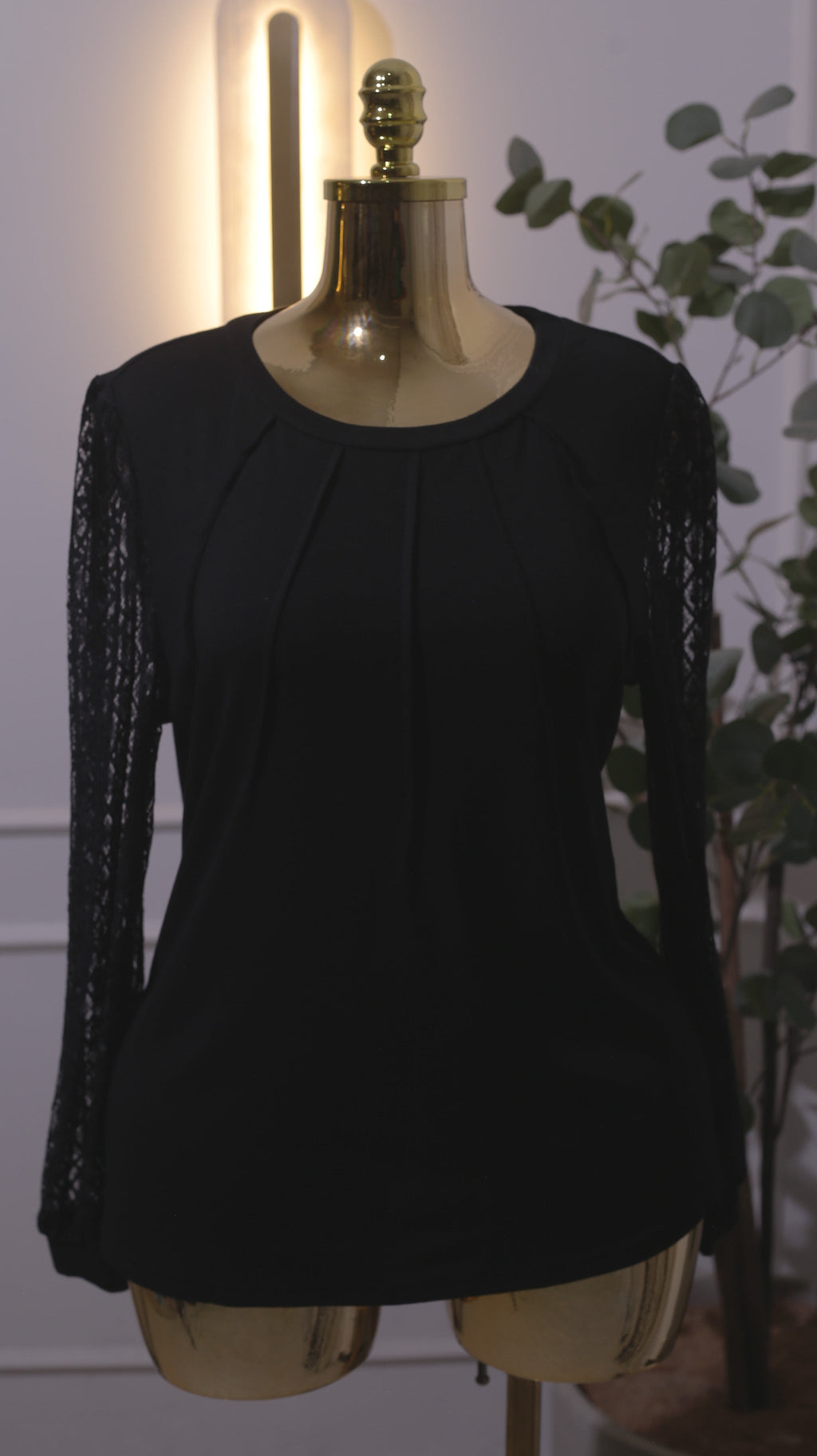 Black Lace Sleeve Pleated Top