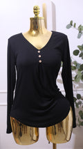 Black Long-sleeve Henley Top With A V-NECK And Button Accents