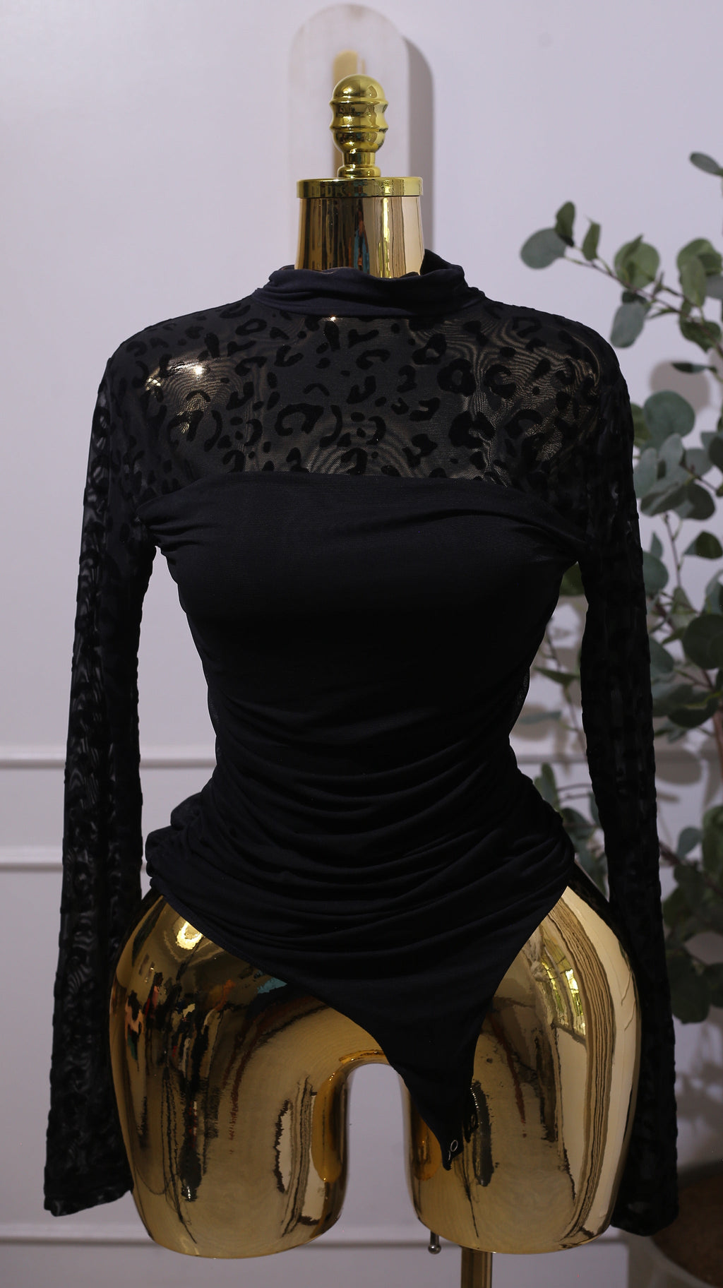Black Long-sleeve Ruched Sheer Mesh Leopard Print Bodysuit