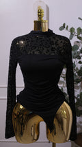 Black Long-sleeve Ruched Sheer Mesh Leopard Print Bodysuit