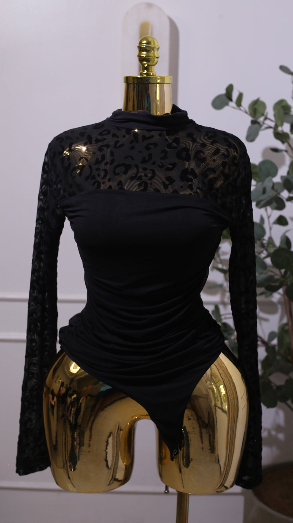Black Long-sleeve Ruched Sheer Mesh Leopard Print Bodysuit
